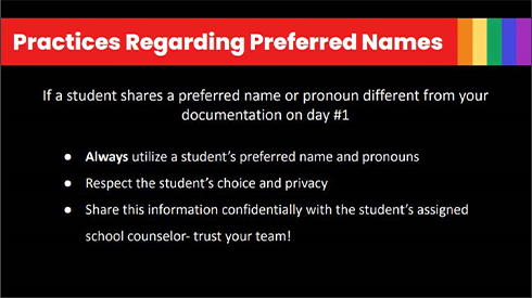 The presentation specifically states that HCPS staff must “Always utilize a student’s preferred name and pronouns.”