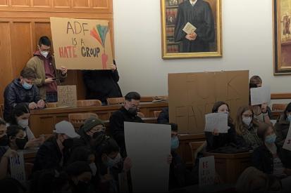 Protesters shout down ADF General Counsel Kristen Waggoner at Yale Law School.