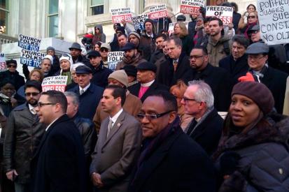 Pastors, congregants, and members of the community participate in a rally at the steps of New York City Hall in support of Bronx Household of Faith