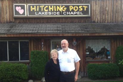 Donald and Evelyn Knapp in front of the Hitching Post