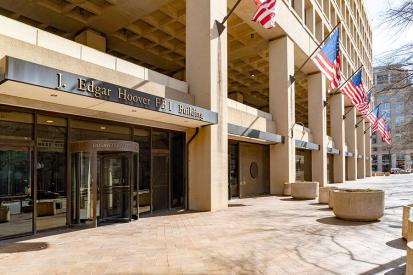 An entrance to the J. Edgar Hoover FBI Building is seen in Washington, D.C.