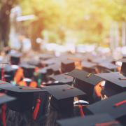 Graduation caps at graduation ceremony