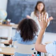 A student is seen raising her hand in class