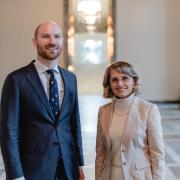 Paul Coleman with Päivi Räsänen in a hallway