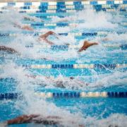 Swimmers race in a pool