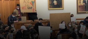 Protesters shout down ADF General Counsel Kristen Waggoner at Yale Law School.