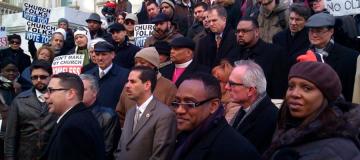 Pastors, congregants, and members of the community participate in a rally at the steps of New York City Hall in support of Bronx Household of Faith