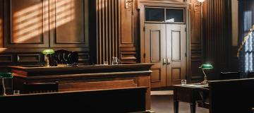 An empty courtroom is seen