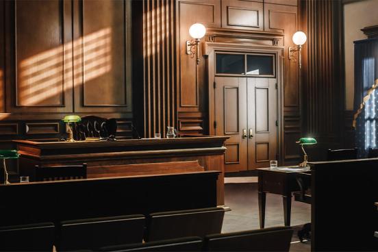 An empty courtroom is seen