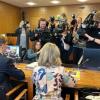 Paivi Rasanen is seen at her trial surrounded by media